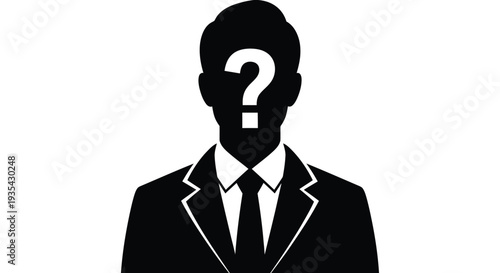 Anonymous male profile avatar with a question mark for identity in a formal suit vector illustration graphic design.