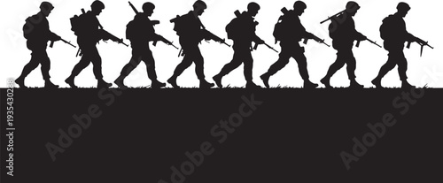 Silhouette of Soldiers Marching with Rifles Military Concept