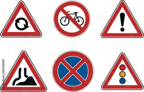 Collection of european road traffic warning signs and regulatory signs