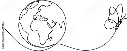 Continuous line drawing of planet earth globe and flying butterfly symbol of nature and ecology