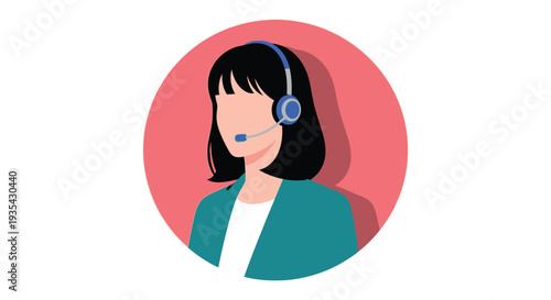 Friendly female customer support representative vector illustration with headset, offering professional assistance for helpdesk needs.