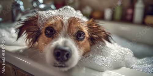 Wallpaper Mural Wet jack russell terrier with foam crown resting on edge of white bathtub, soap bubbles and blurred bathroom bottles in warm light, playful pet grooming concept Torontodigital.ca