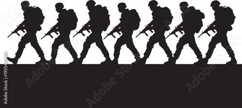 soldiers marching with rifles and backpacks Silhouette