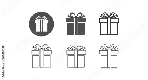 A collection of six monochrome vector gift box icons with various styles for celebration and holiday graphic design projects.
