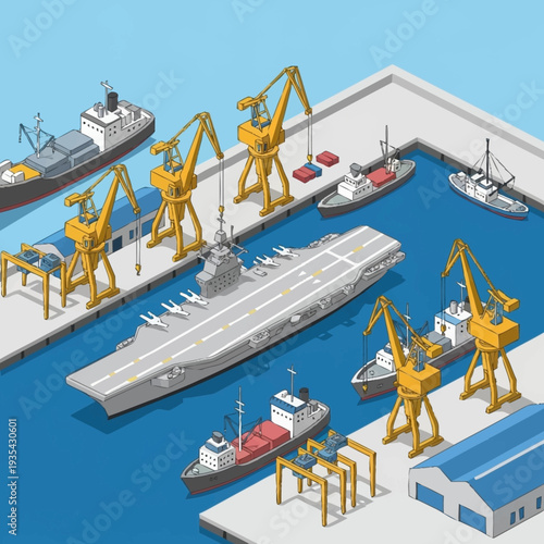 Aircraft Carrier and Cranes at Dockyard.