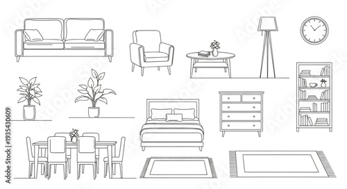 Collection of hand drawn furniture and home decor items sketch.
