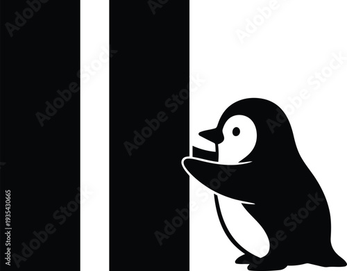 Cute penguin pushing a pause button symbol for media player control. Vector illustration