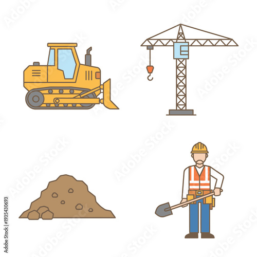 Construction site elements including excavator, crane, worker, and sandpile illustration