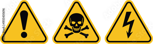 Hazard warning signs with exclamation mark skull and lightning bolt