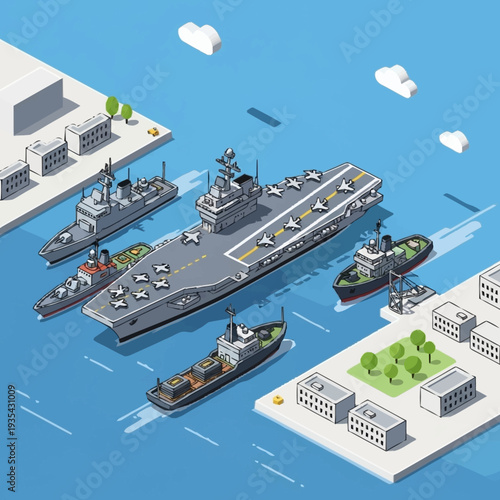 Aircraft Carrier with Escort Ships in Harbor.