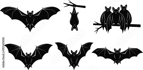 Six Black Silhouette Bats Flying Perched And Hanging On White Background vector illustration