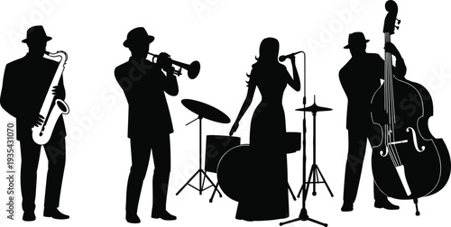 Black silhouette jazz band musicians performing with saxophone trumpet double bass drums singer
