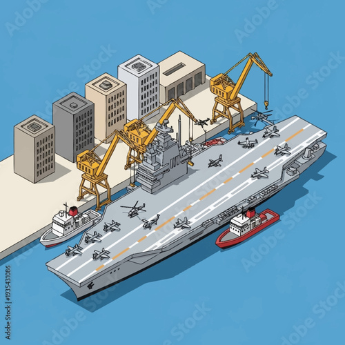 Aircraft Carrier with Cranes and Buildings.