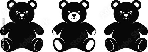 Three Black Silhouette Teddy Bears Sitting On White Background stuffed animal