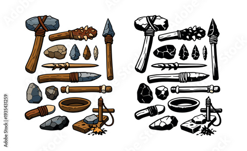Prehistoric implements made from flint, rock, and wood. Collection of primitive survival tools illustrating ancient human history