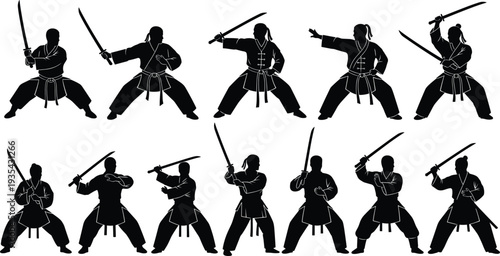 Twelve Black Silhouettes Of Martial Artists With Swords In Various Poses martial arts warrior