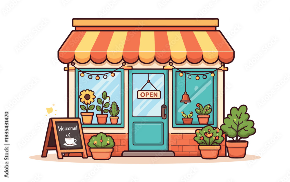 Obraz premium Small business storefront featuring an 'Open' sign, charming plants, and a welcoming chalkboard for visitors