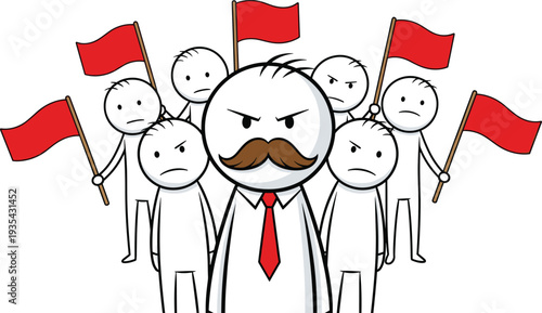 Protest leader with red flags vector illustration, angry cartoon group demonstration isolated on white background social concept