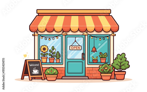 Small business storefront featuring an 'Open' sign, charming plants, and a welcoming chalkboard for visitors