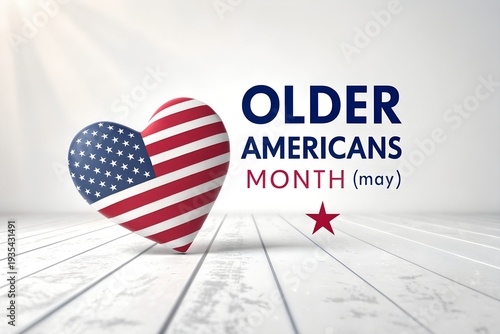 Quadro su tela Commemorative graphic design celebrating older americans month in may featuring a patriotic heart shape with united states flag elements resting on bright white wooden surface