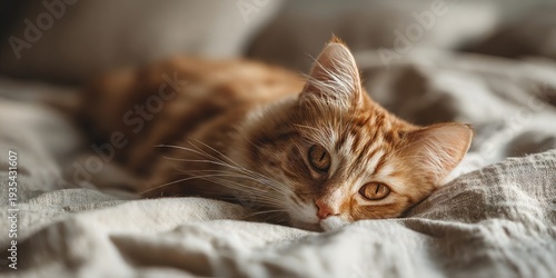Wallpaper Mural Ginger domestic longhair cat resting on soft beige linen bed in cozy blurred bedroom interior, warm lazy weekend morning concept of slow living and comfort Torontodigital.ca