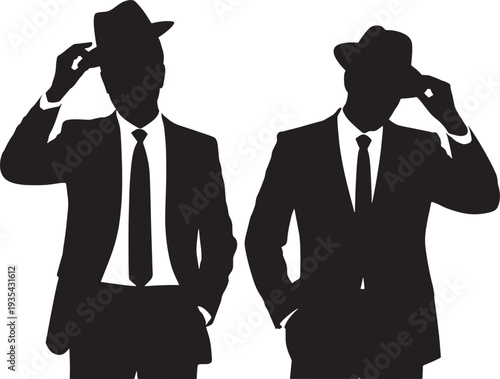 Silhouettes of Two Men in Suits and Fedoras Tipping Their Hats
