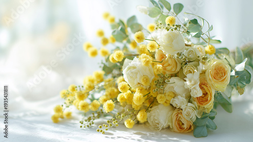 明るいイエローフラワー背景素材｜ナチュラルで広告向きの春イメージ ミモザ＆スプレーローズ