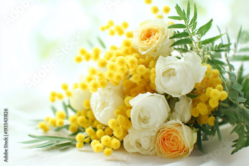 明るいイエローフラワー背景素材｜ナチュラルで広告向きの春イメージ ミモザ＆スプレーローズ