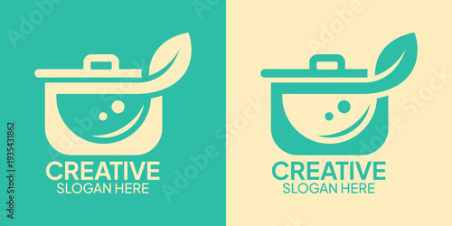 Healthy Cooking Pot with Leaf Logo for Organic Food Business.