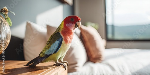 Wallpaper Mural Colorful rosella parrot perches on wooden nightstand in sunlit modern bedroom with blurred bed and window in background, concept of cozy urban pet lifestyle Torontodigital.ca