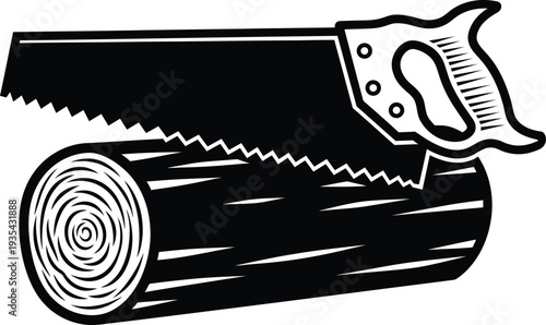 Hand saw cutting wood log in a classic woodcut style. Vector illustration