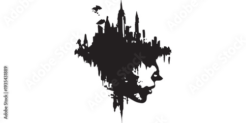 Abstract urban landscape and human profile silhouette combined in a unique graphic design.
