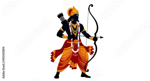 A colorful illustration of lord rama in a fighting stance
