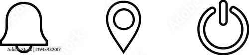 Notification location and power button outline icons set. Vector illustration
