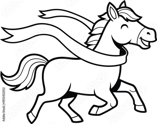 Happy cartoon horse running with a flowing ribbon around its neck. Vector illustration
