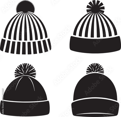 winter beanie hats Set of Four Black Silhouette with Pom-Poms
