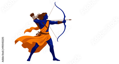 A blue and orange pixel art character drawing a bow