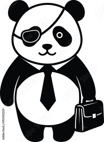 Panda in business suit with eyepatch and briefcase cartoon character. Vector illustration