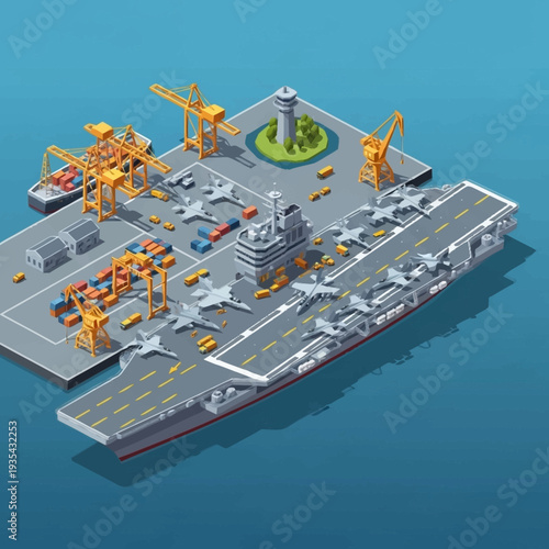 Aircraft Carrier with Fighter Jets and Cranes.