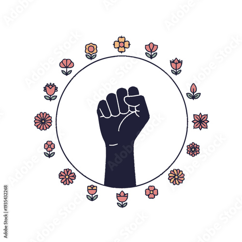 Raised Fist Surrounded by Floral Circle.