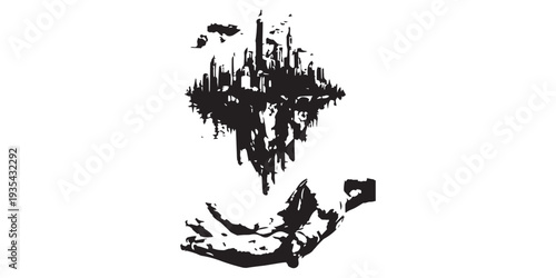 Abstract ink drawing of a floating city above a hand optical illusion art.