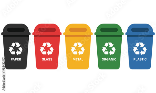 Colorful recycling bins for paper, glass, metal, organic, and plastic waste disposal promoting eco-friendly practices and sustainability.
