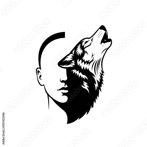 A striking black and white illustration of a human and wolf hybrid