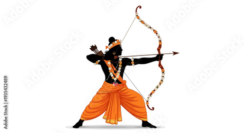 A man in orange pants is holding a bow and arrow
