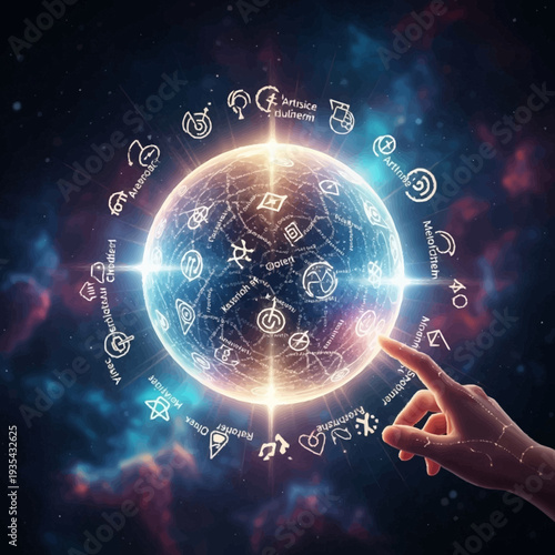 Glowing Astrology Symbols Around Zodiac Wheel.