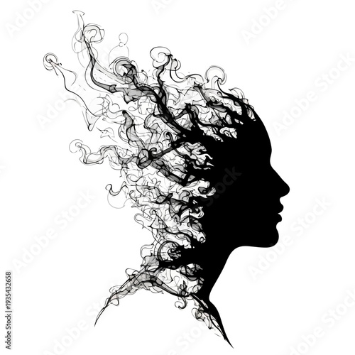 A black silhouette of a woman's head with swirling lines emerging from it