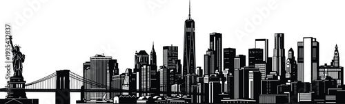 Black and white silhouette of the New York City skyline with Statue of Liberty Brooklyn Bridge