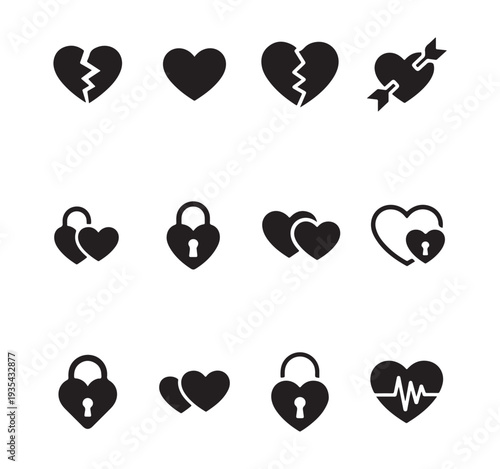 Set of twelve assorted heart icons showing affection locking sadness and heartbeat rhythm