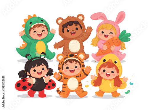 Cute babies dressing up as a dinosaur, bear, rabbit, ladybug, tiger, and duck, enjoying their roles