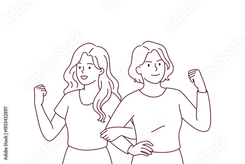 Coloring page for International Women's Day featuring two diverse young women flexing their biceps to show female strength and girl power on March 8